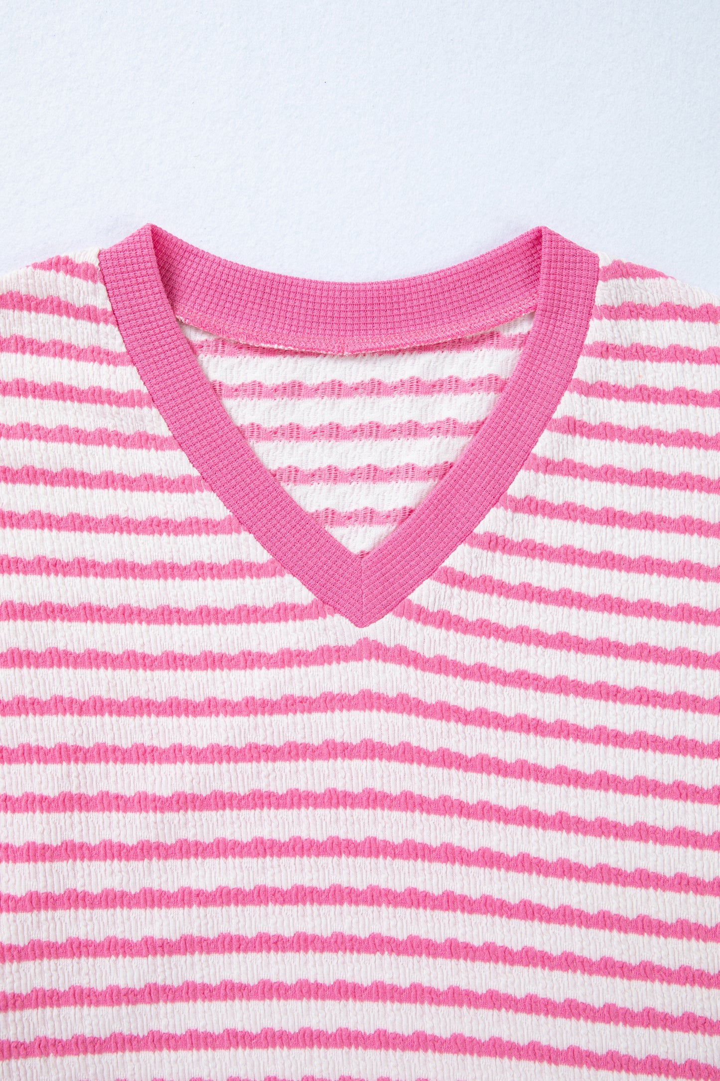 Pink Stripe Textured Knit Contrast Trim V Neck Short Sleeve Top