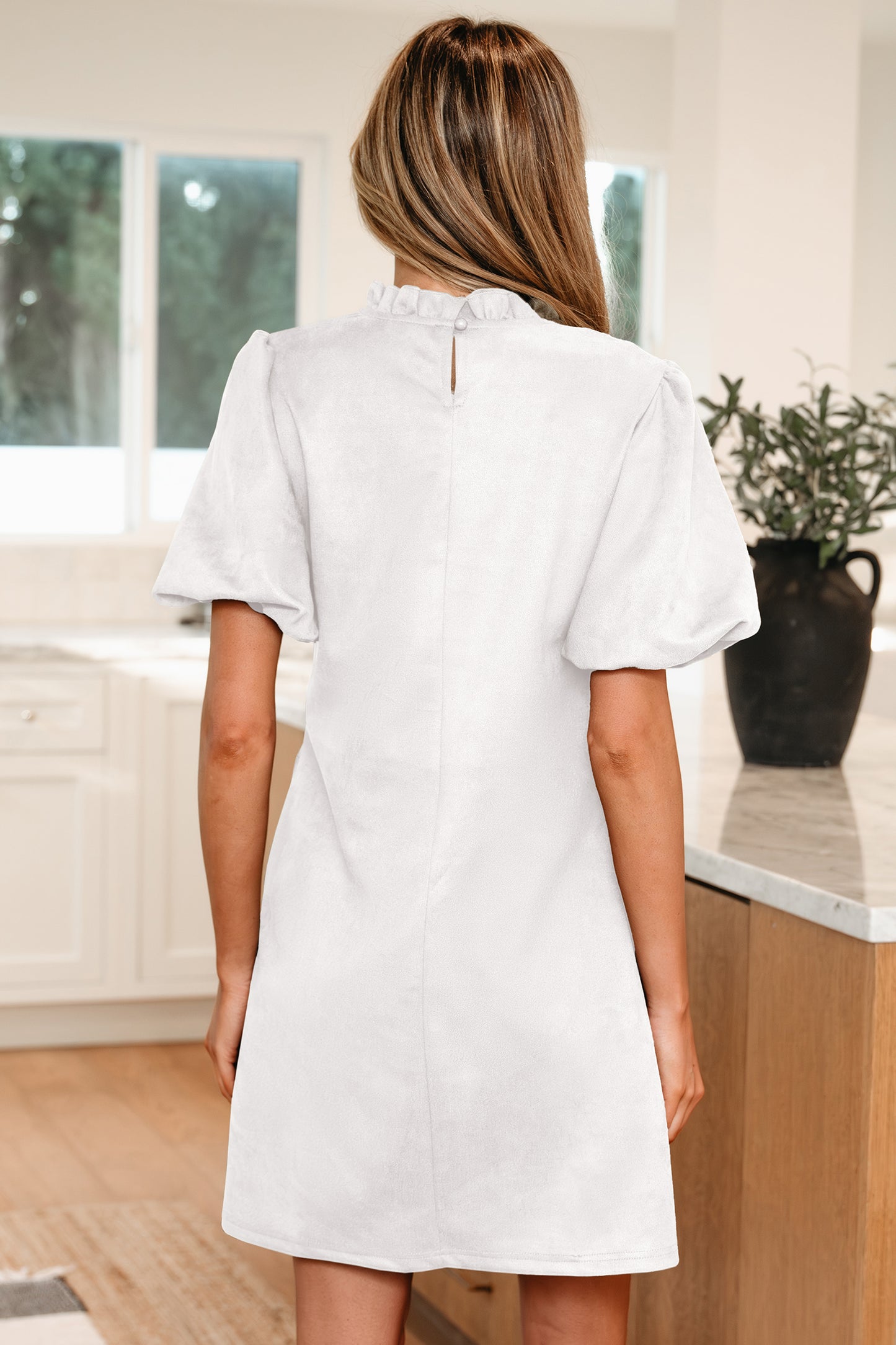 Moss Green Frilled Round Neck Short Puff Sleeve Shift Mini Dress