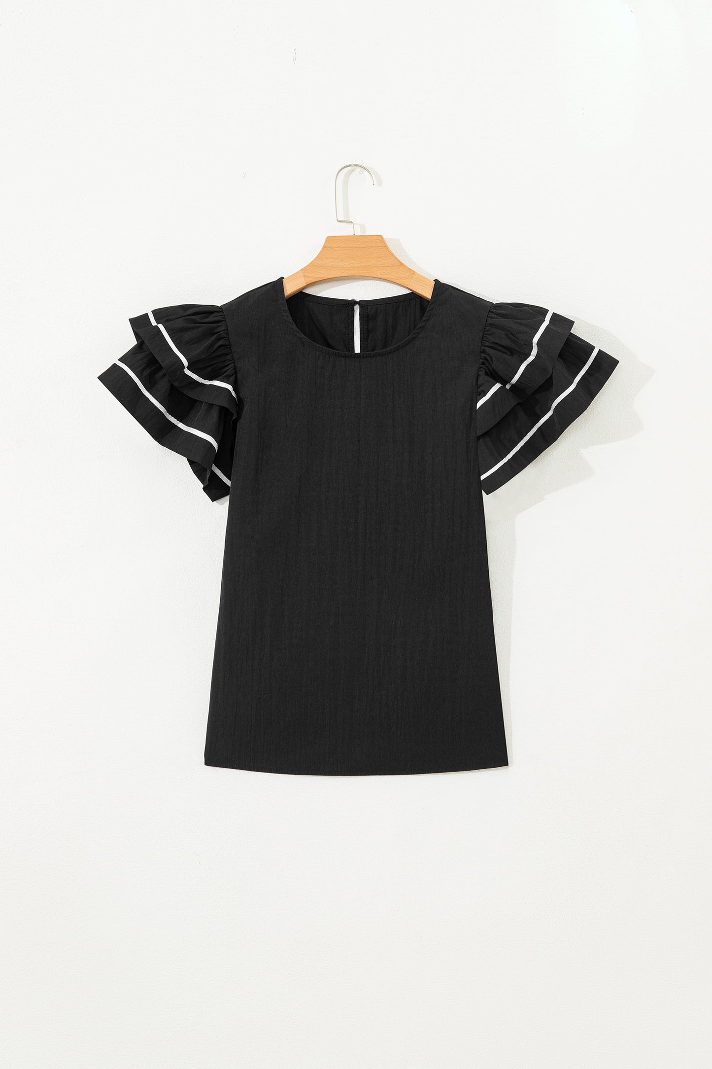 Black Contrast Trim Dual Ruffle Short Sleeve Textured Blouse