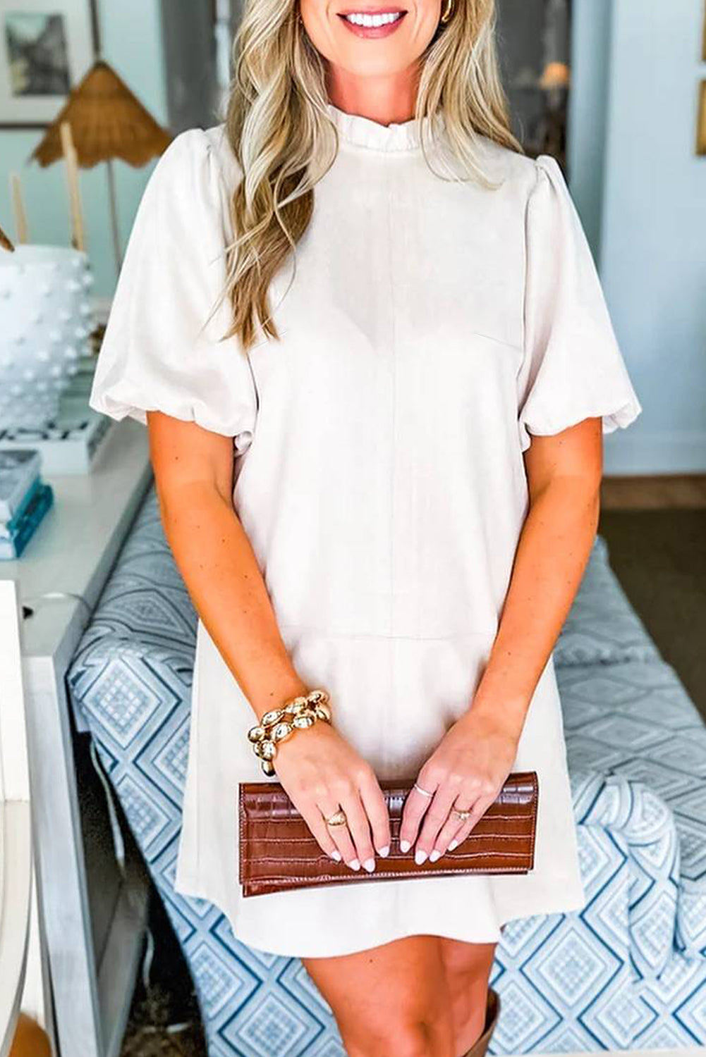 Moss Green Frilled Round Neck Short Puff Sleeve Shift Mini Dress