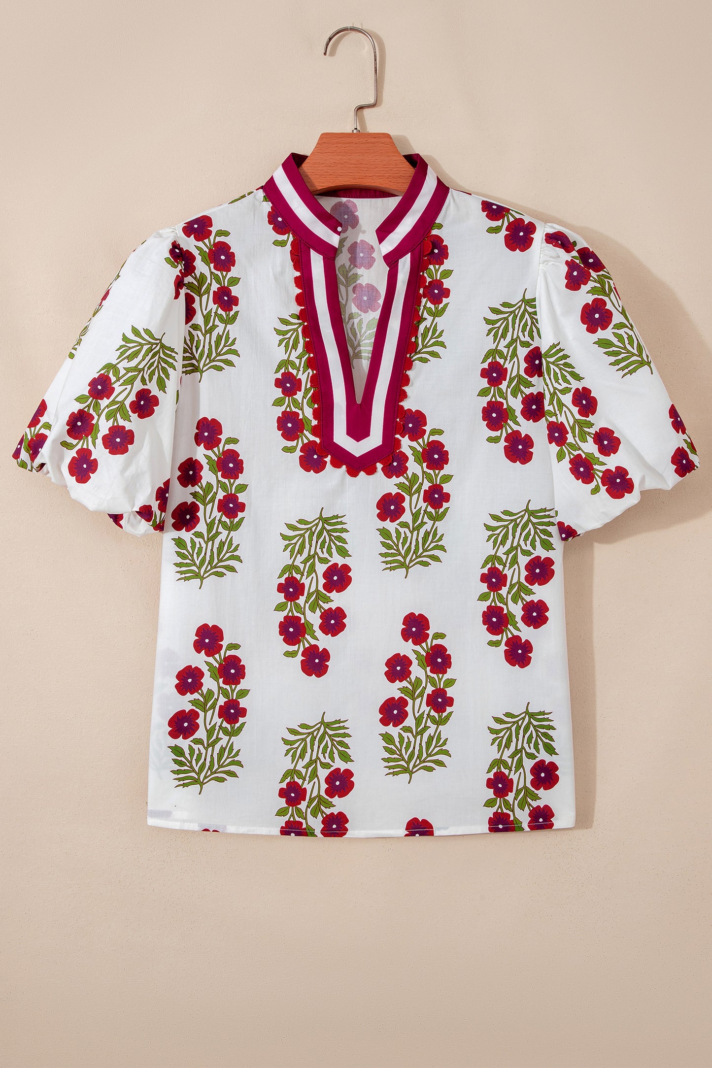 Black Floral Short Bubble Sleeve Contrast Slit Neckline Blouse