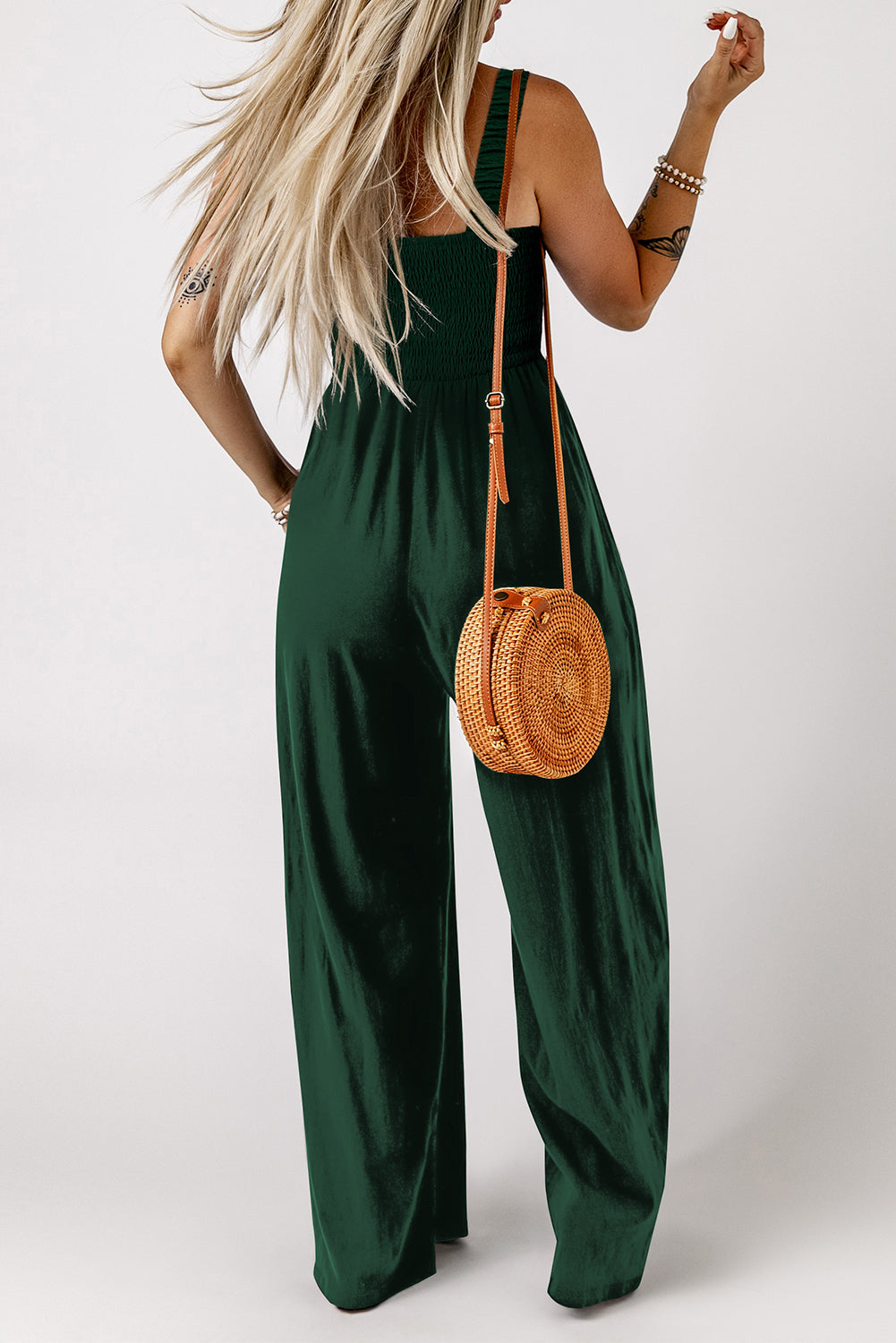Green Smocked Sleeveless Wide Leg Jumpsuit with Pockets