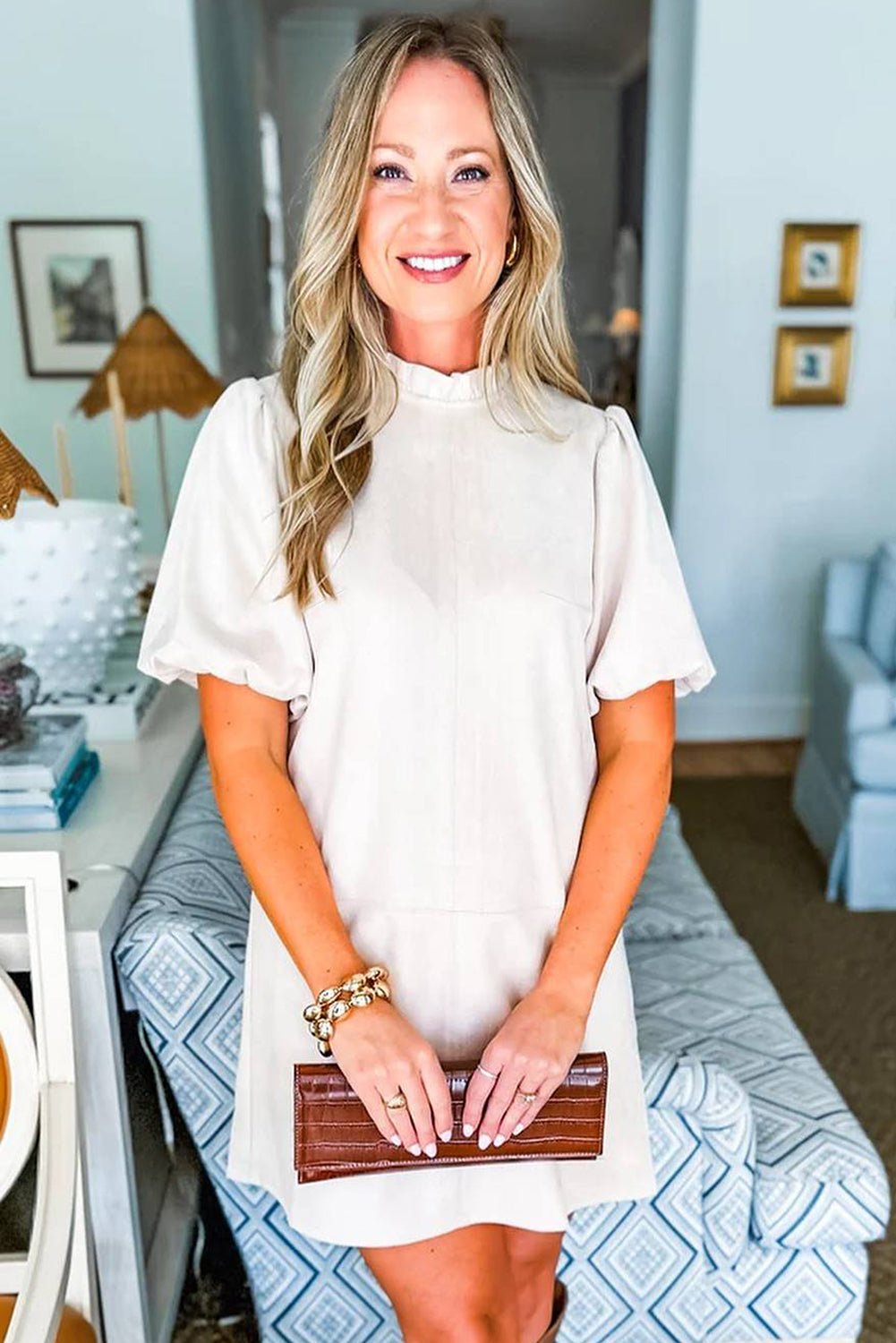 Moss Green Frilled Round Neck Short Puff Sleeve Shift Mini Dress