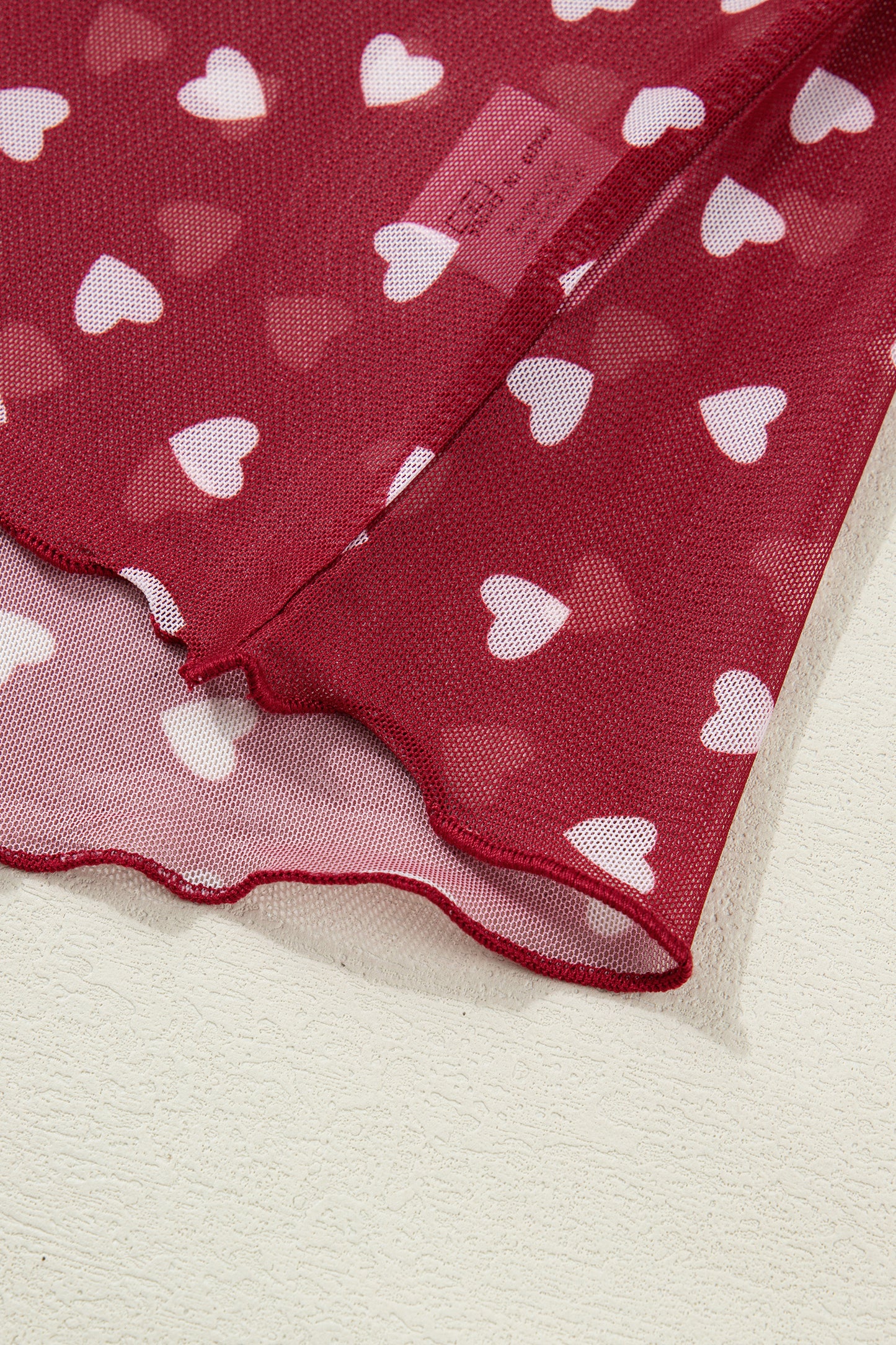 Racing Red Allover Heart Print Mesh Short Sleeve Top