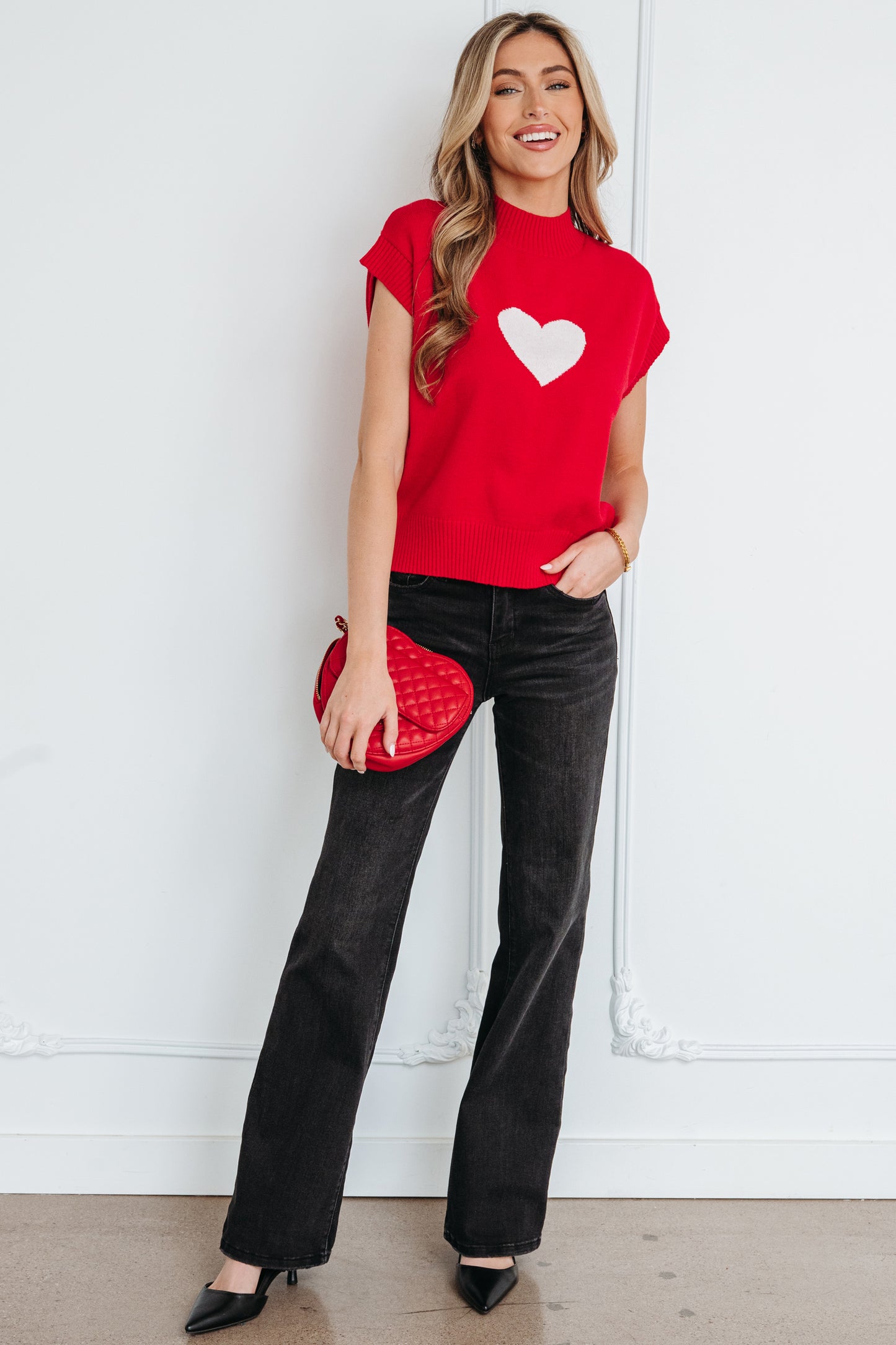 Pink Valentine Heart Graphic Cropped Short Sleeve Sweater