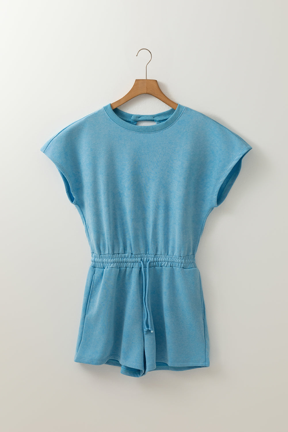 Sea Green Mineral Wash Drawstring Elastic Waistband Hollow Out Back Short Sleeve Romper