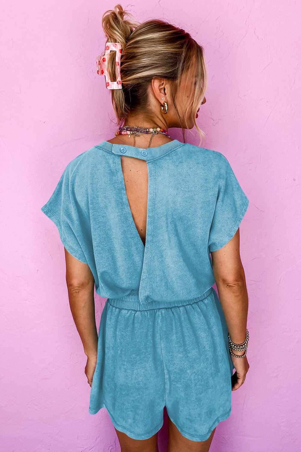 Sea Green Mineral Wash Drawstring Elastic Waistband Hollow Out Back Short Sleeve Romper