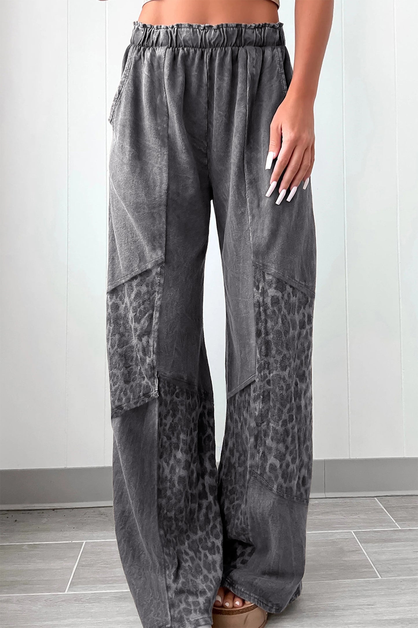 Dark Grey Mineral Wash Leopard Patchwork Loose Pants