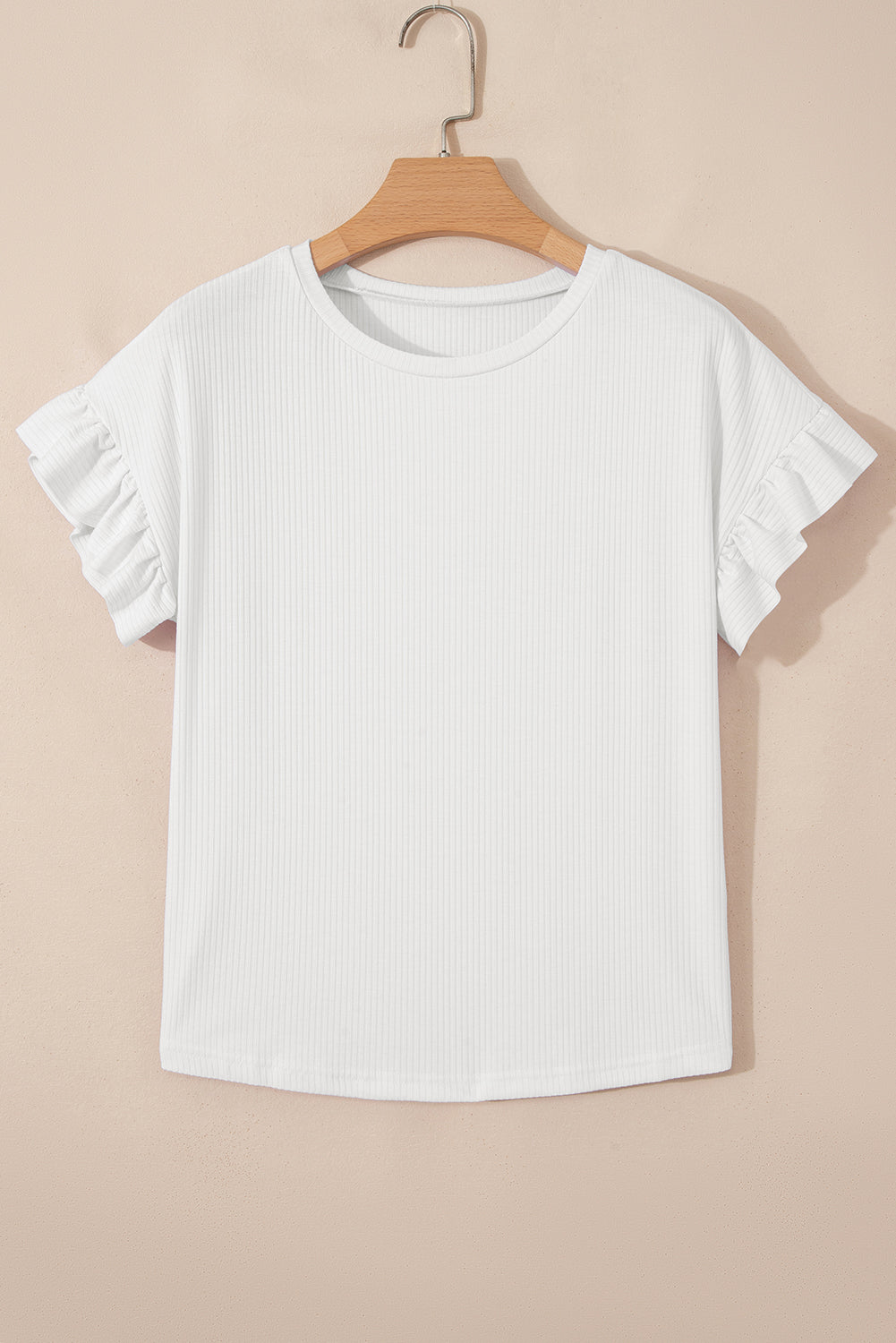 Jungle Green Solid Color Ribbed Ruffled Short Sleeve T Shirt