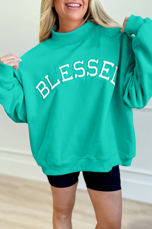Sea Green Oversize Blessed Embroidered Mock Neck Sweatshirt