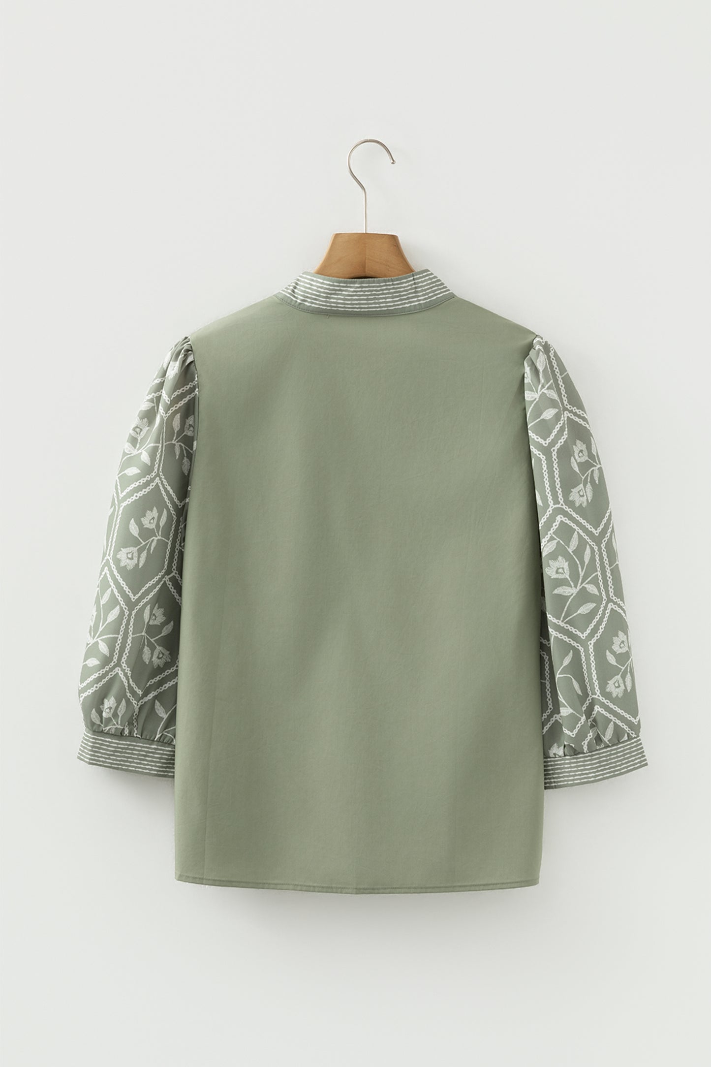 White Floral Puff Sleeve Contrast V Neck Patchwork Blouse