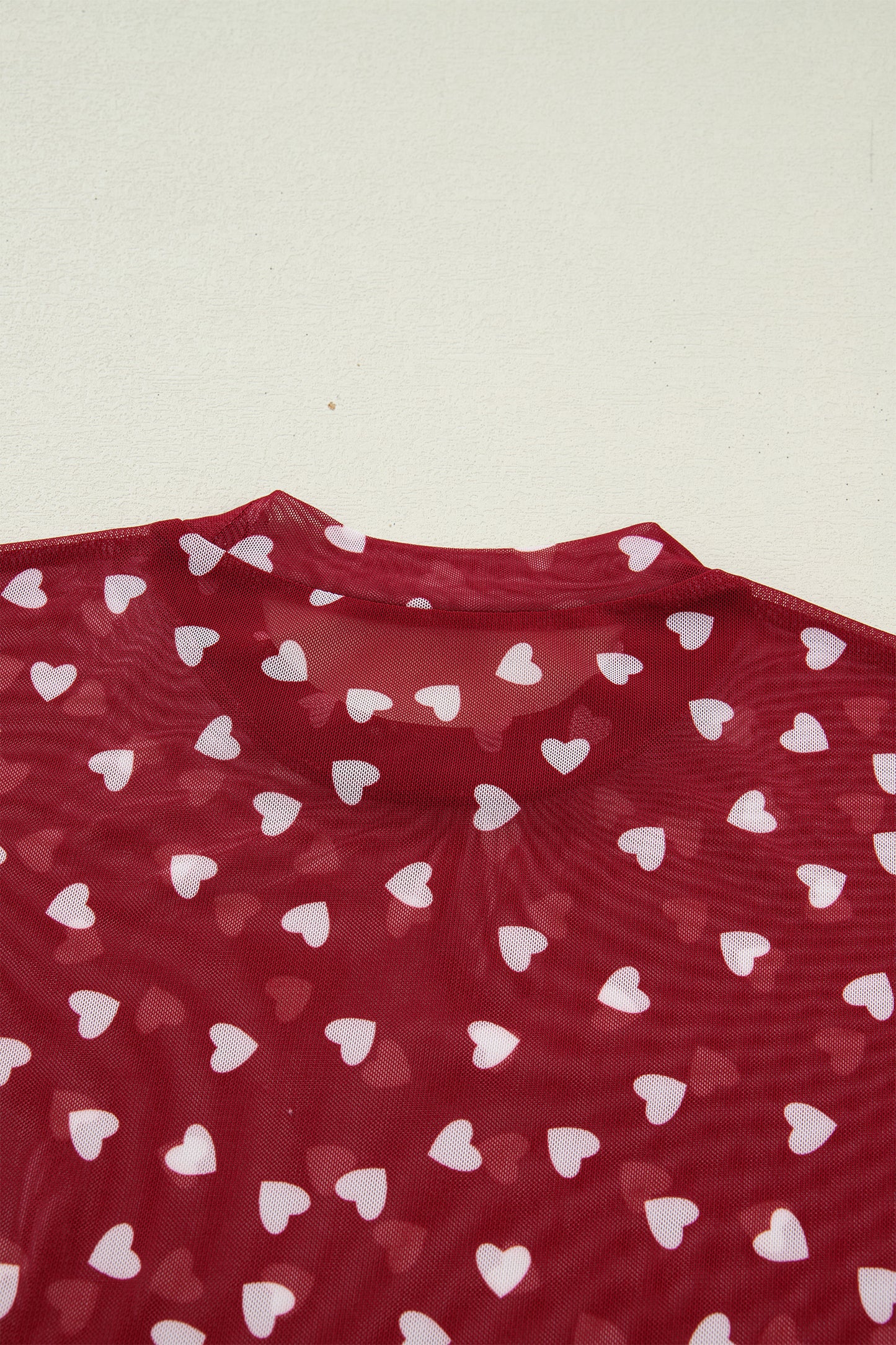 Racing Red Allover Heart Print Mesh Short Sleeve Top