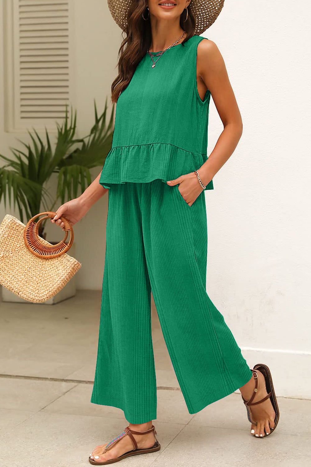 Duffel Green Solid Color Ribbed Ruffle Tank Top and Pants Set