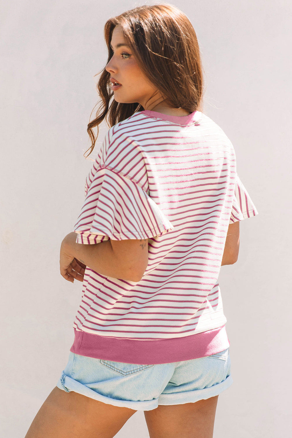 Parchment Contrast Detail Striped Ruffle Short Sleeve Top