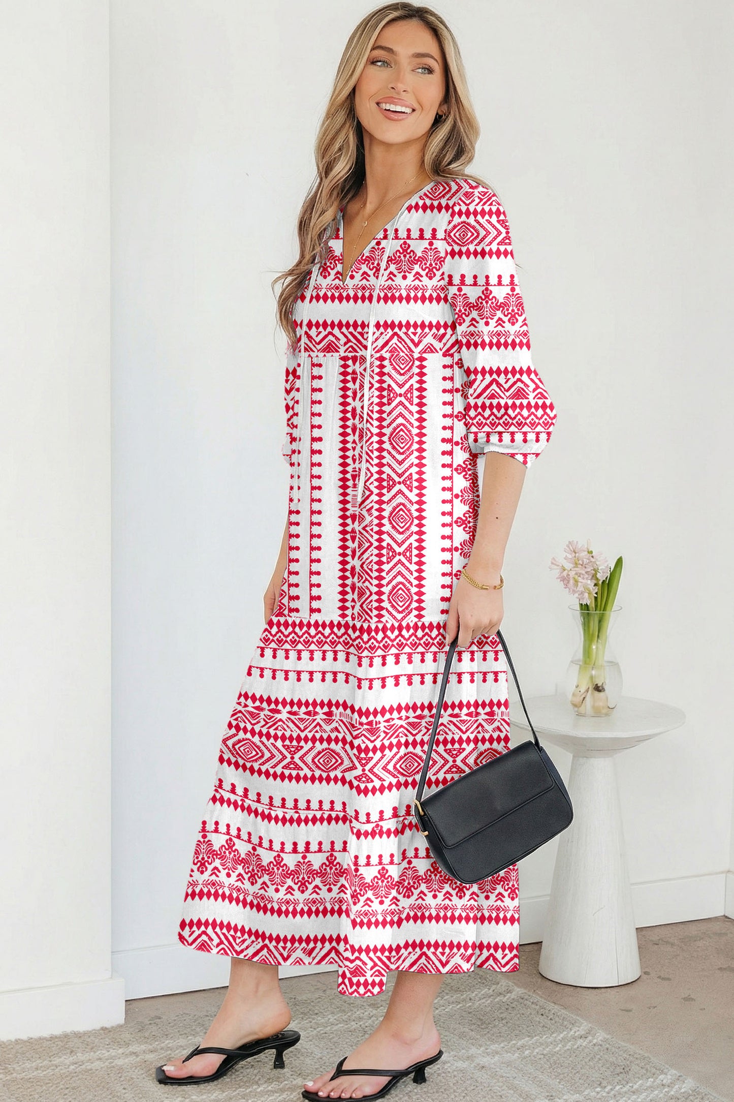 Red Boho Printed Half Sleeve Maxi Dress