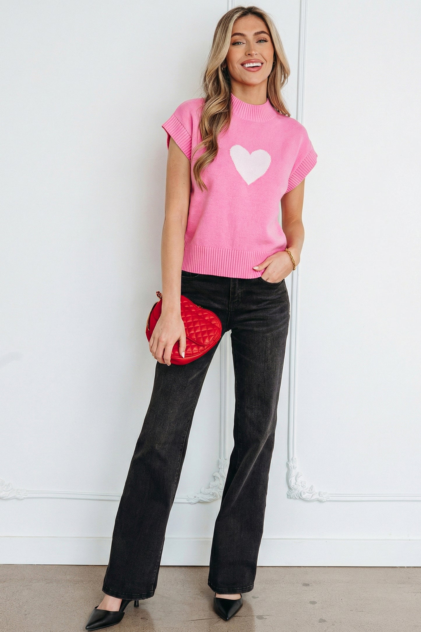 Pink Valentine Heart Graphic Cropped Short Sleeve Sweater