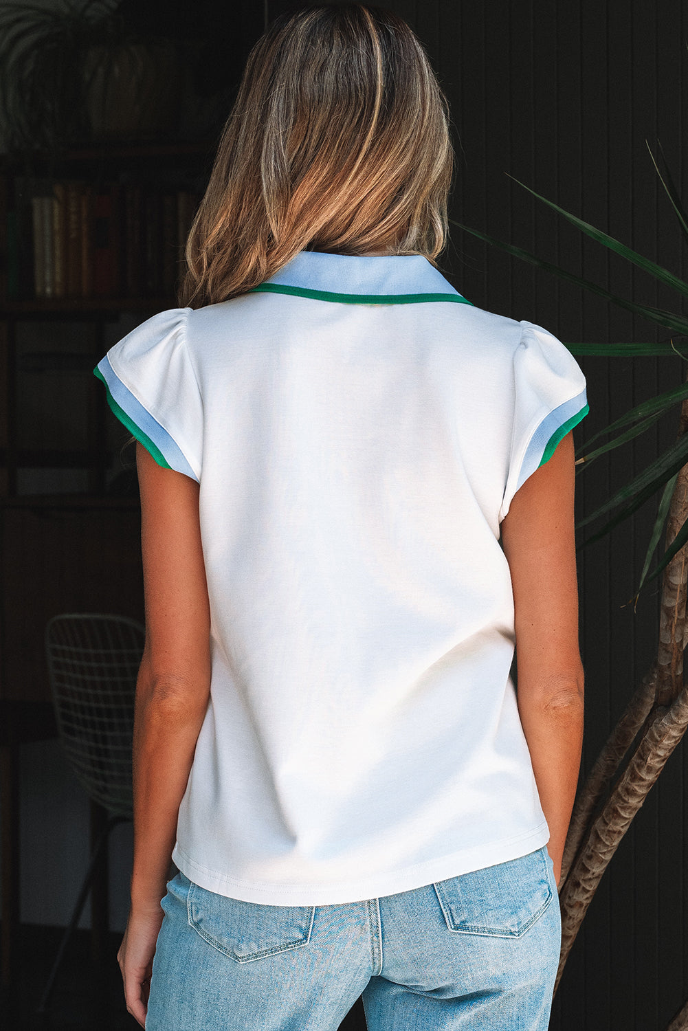 Beau Blue Color Contrast Ruffled Sleeve Collared V Neck Blouse