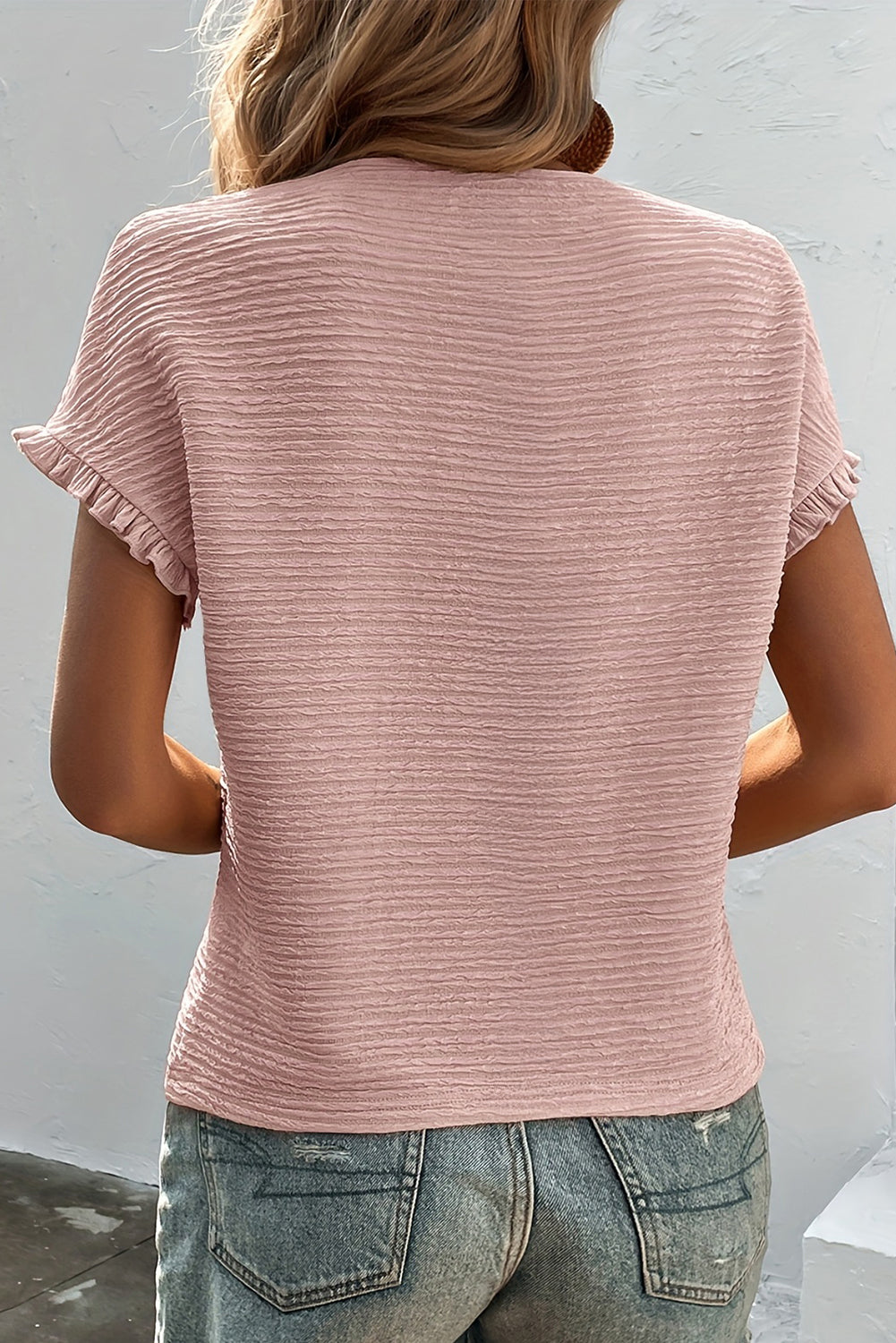 Light Pink Solid Textured Ruffled Short Sleeve Blouse