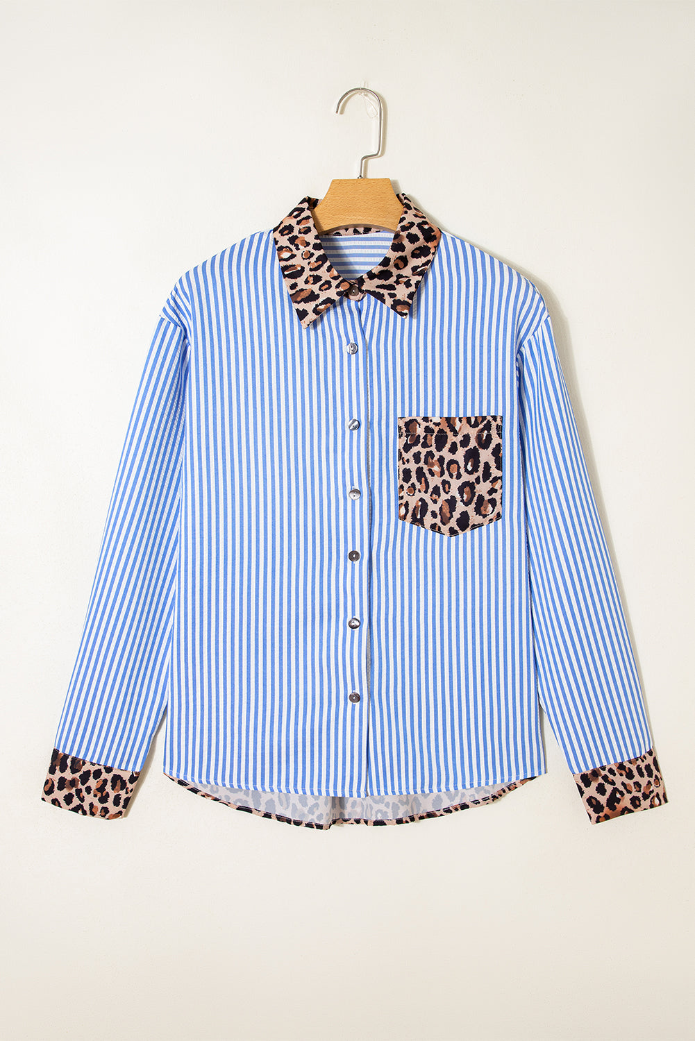 Black Striped Leopard Print Patchwork Button Up Womens Shirt