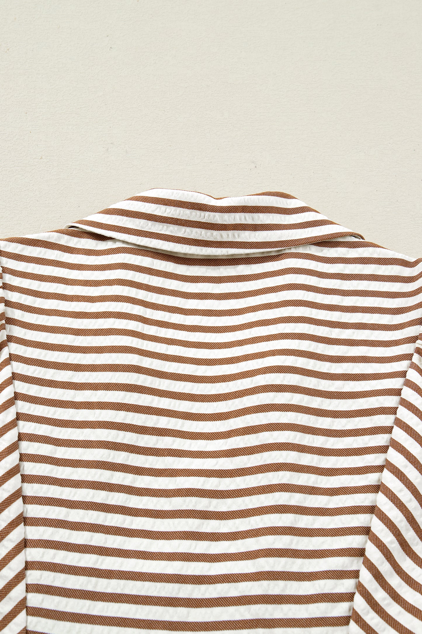 Brown Stripe Shirred V Neck Short Puff Sleeve Blouse