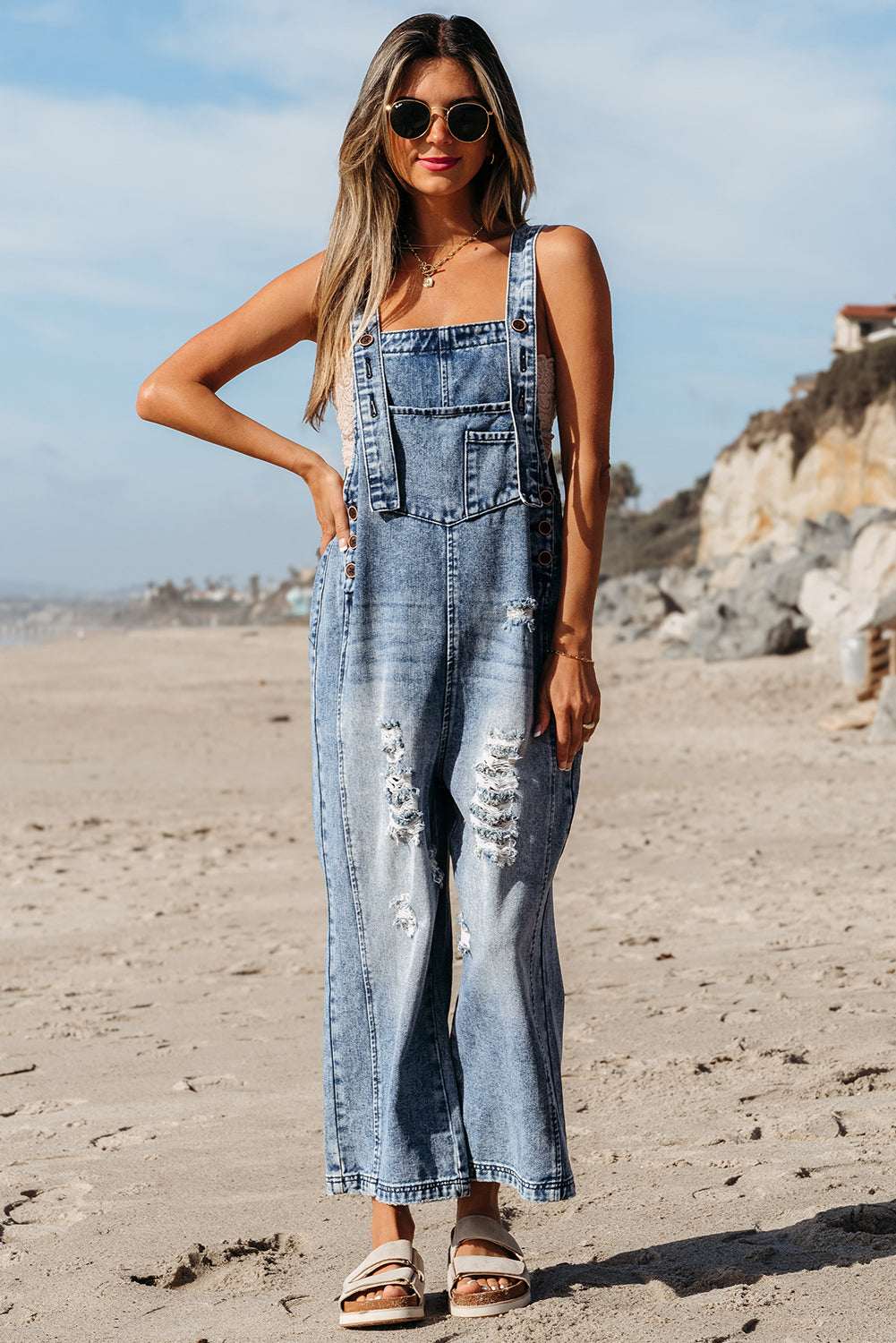 Black Distressed Bib Pocket Wide Leg Denim Overall