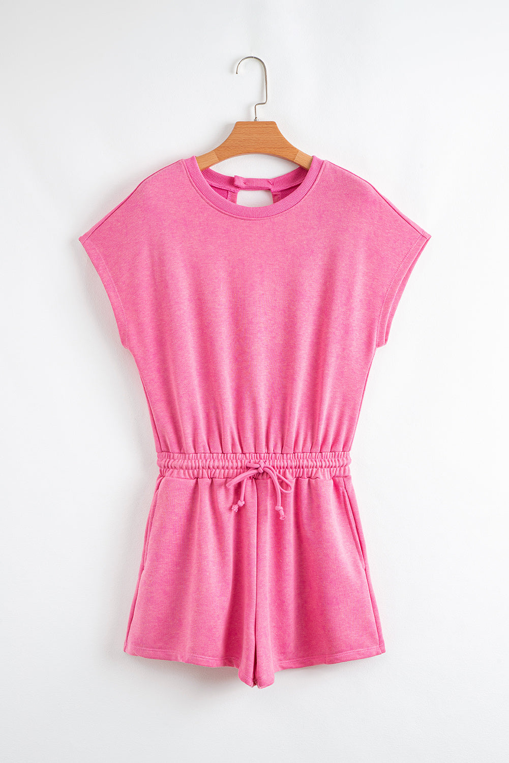 Sea Green Mineral Wash Drawstring Elastic Waistband Hollow Out Back Short Sleeve Romper