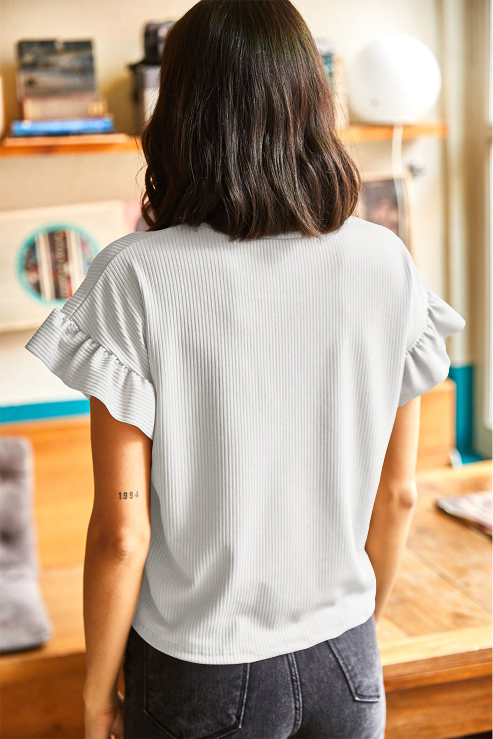 Jungle Green Solid Color Ribbed Ruffled Short Sleeve T Shirt