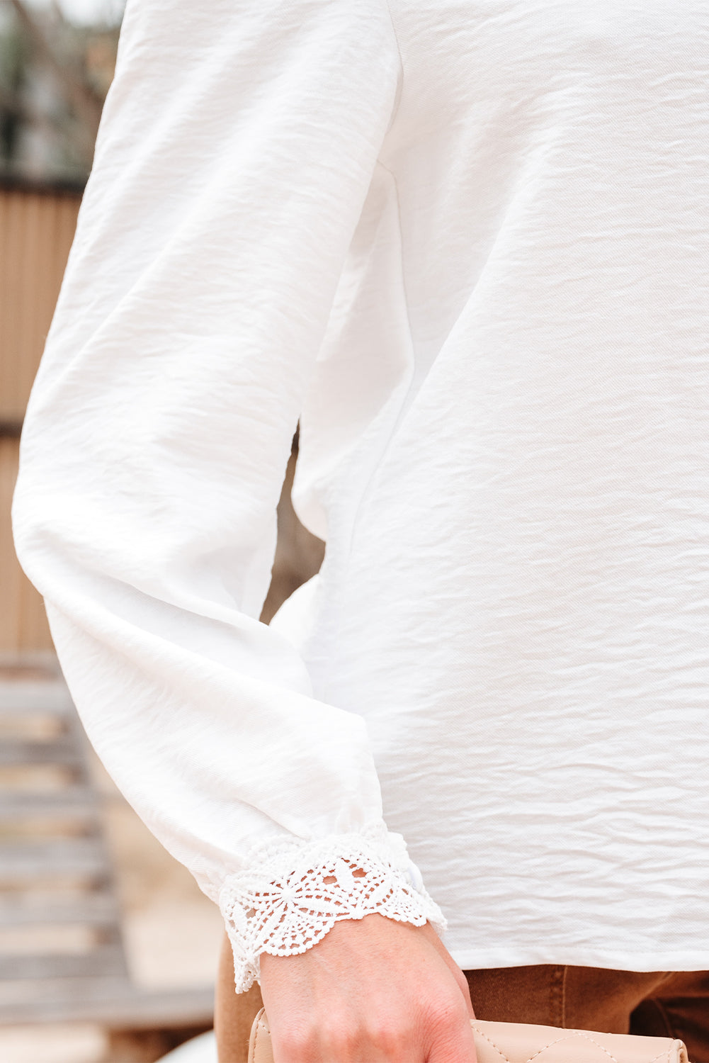 White Lace Patchwork Buttoned Stand Neck Loose Shirt