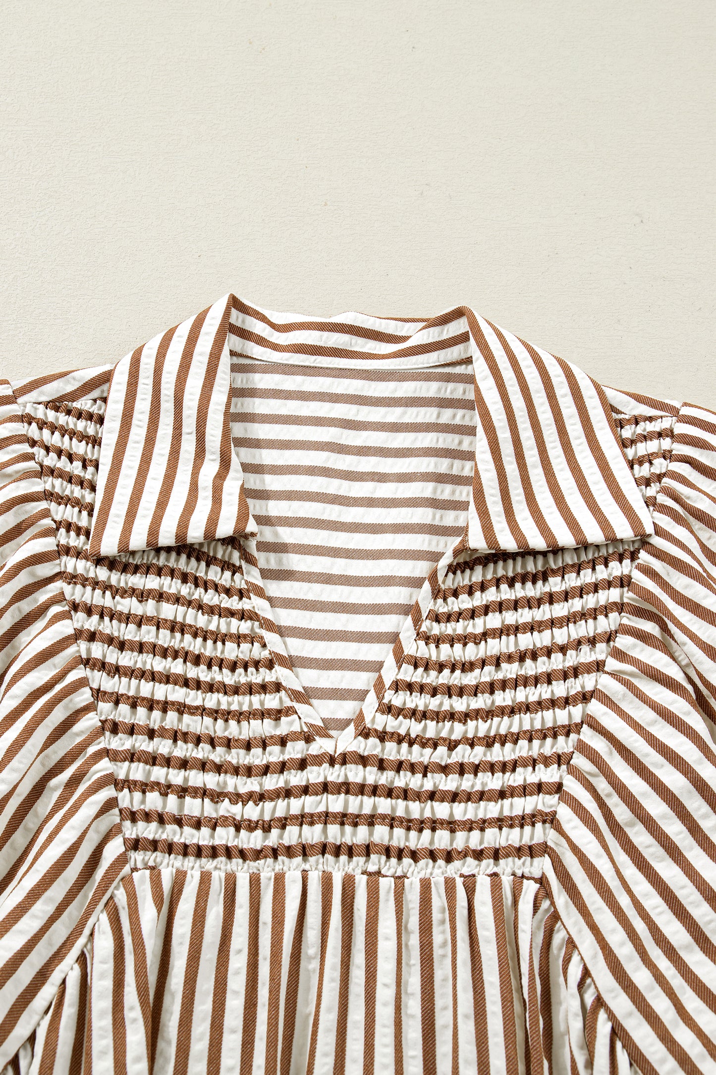 Brown Stripe Shirred V Neck Short Puff Sleeve Blouse