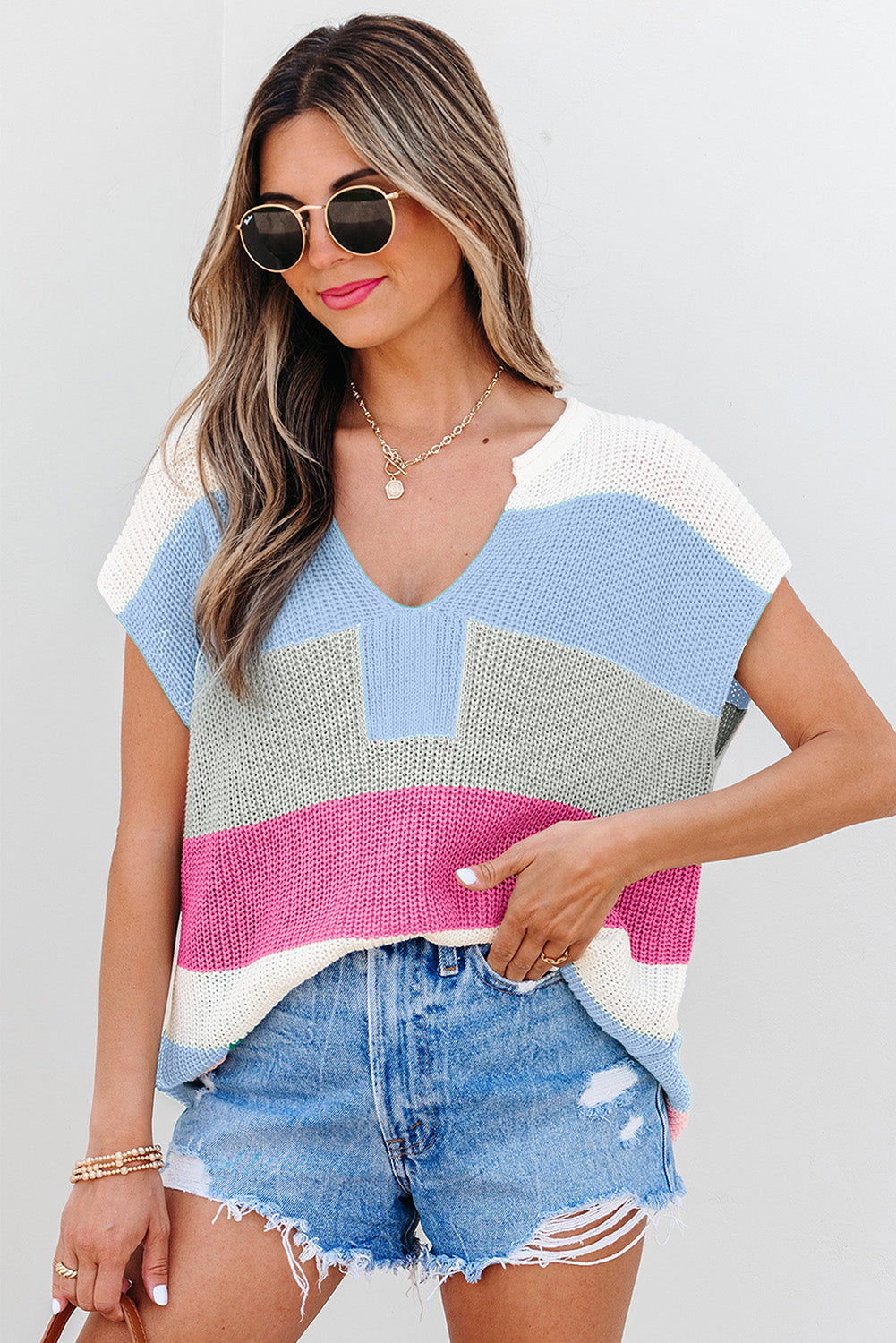 Pink Color Block Notch V Neck Sweater T Shirt