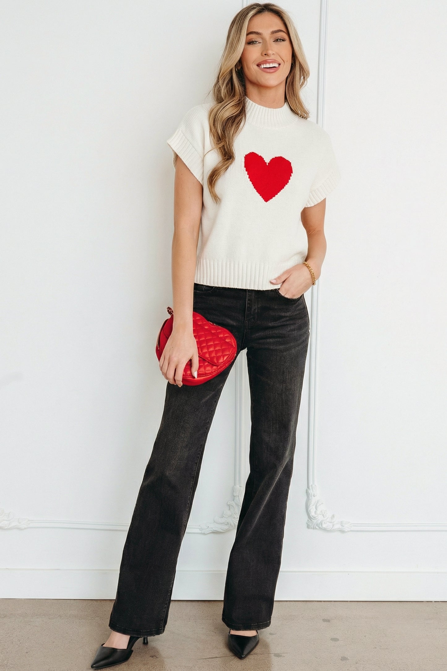 Pink Valentine Heart Graphic Cropped Short Sleeve Sweater