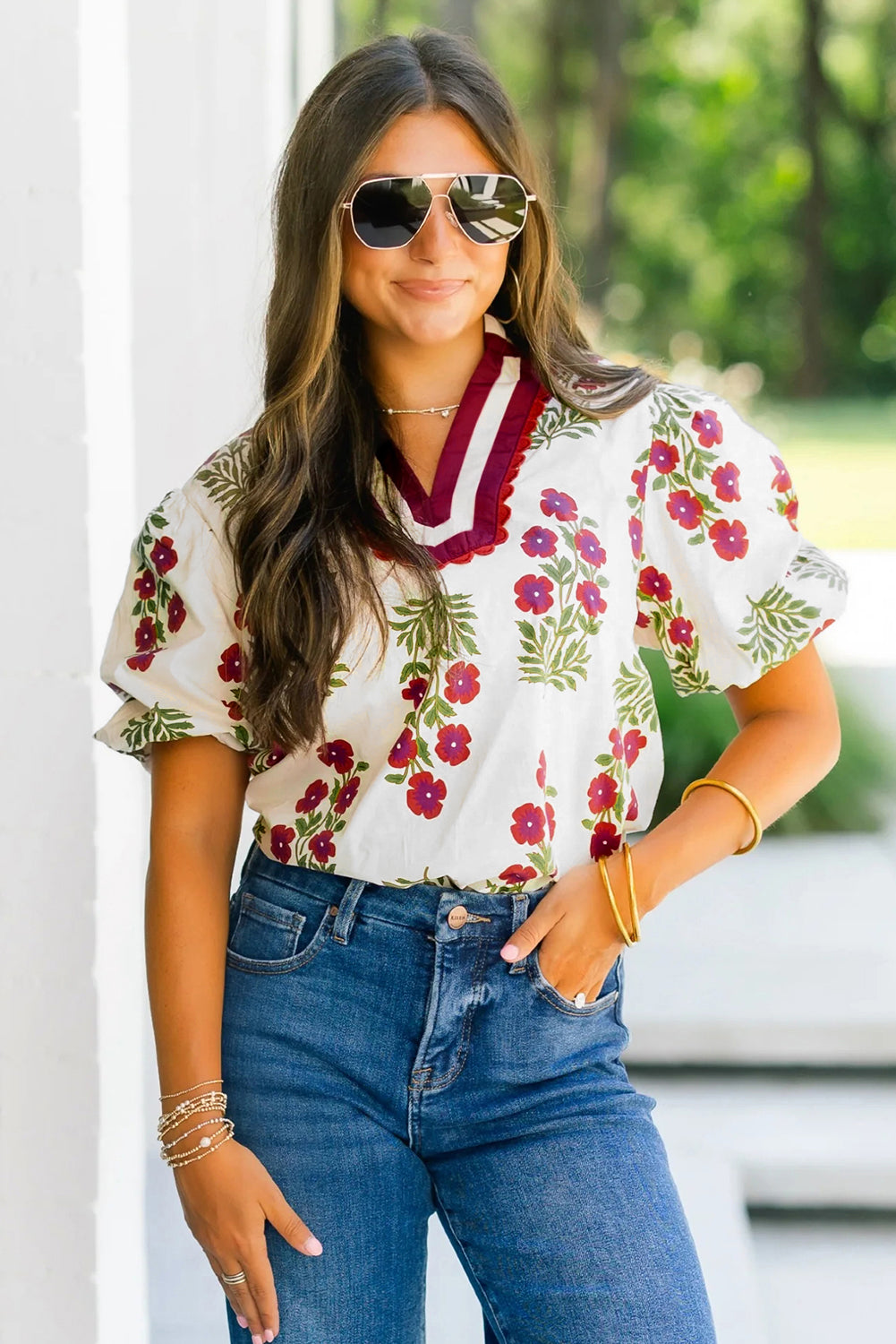 Black Floral Short Bubble Sleeve Contrast Slit Neckline Blouse