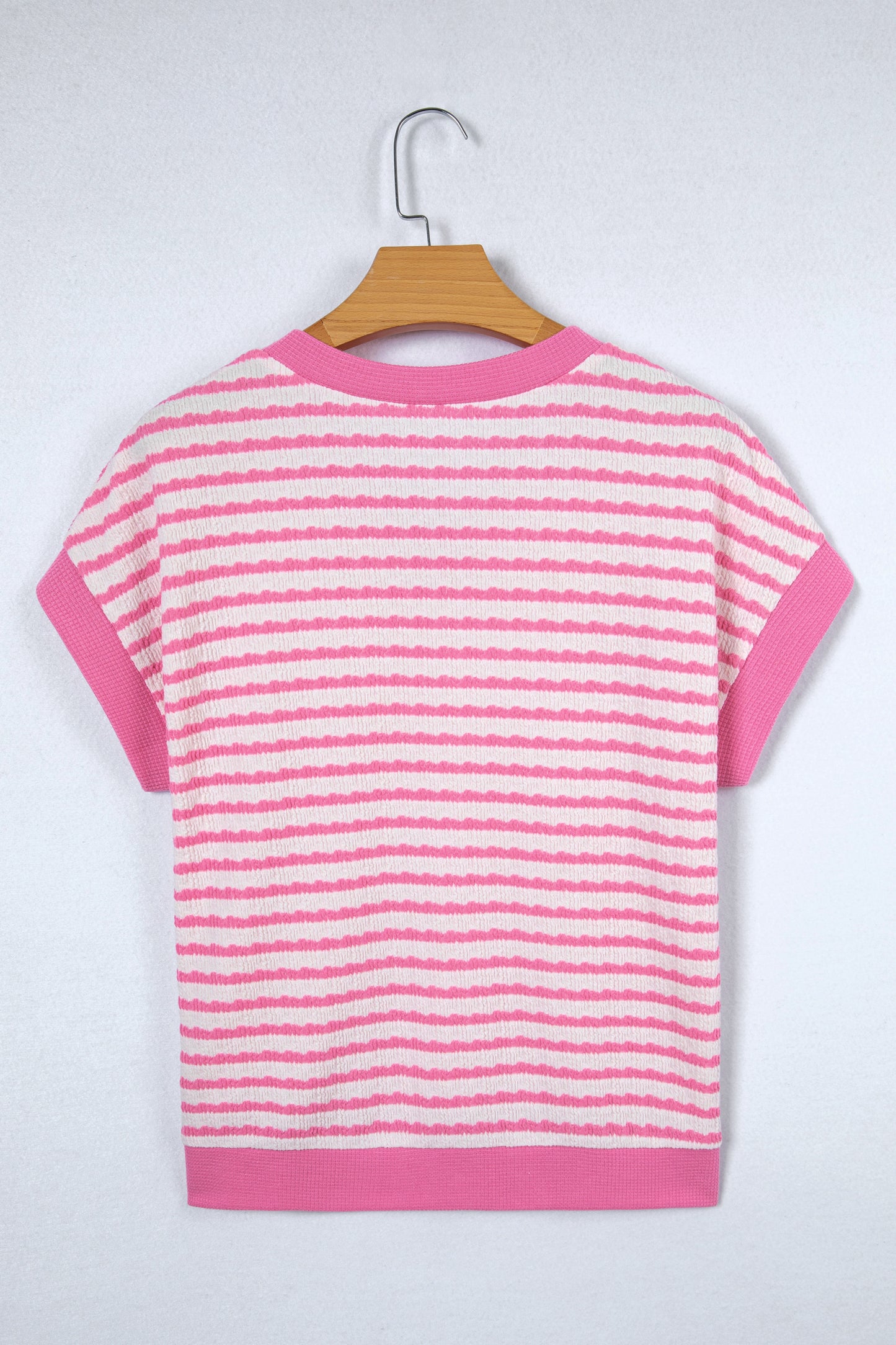 Pink Stripe Textured Knit Contrast Trim V Neck Short Sleeve Top