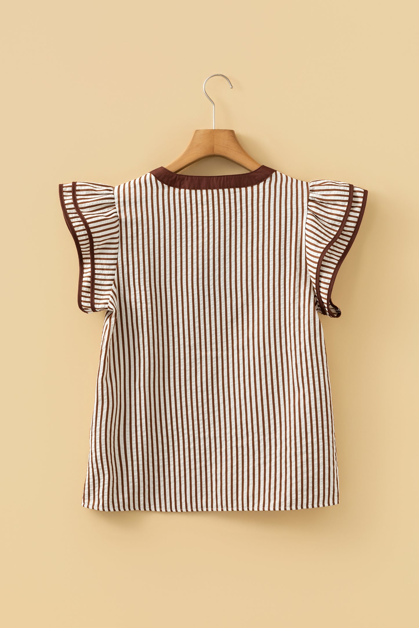 Khaki Stripe Double Ruffled Short Sleeve V Neck Blouse
