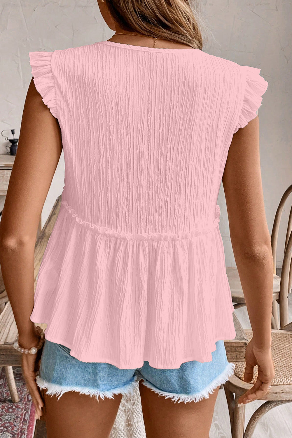 Light Pink Textured Ruffled Trim V Neck Flutter Flowy Top
