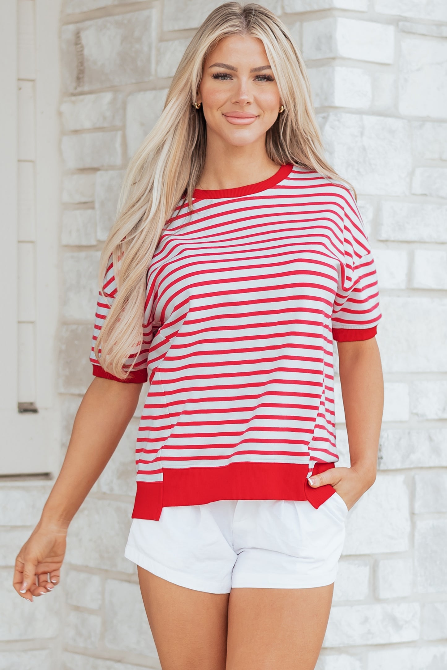 Red Stripe Drop Shoulder Half Sleeve T Shirt