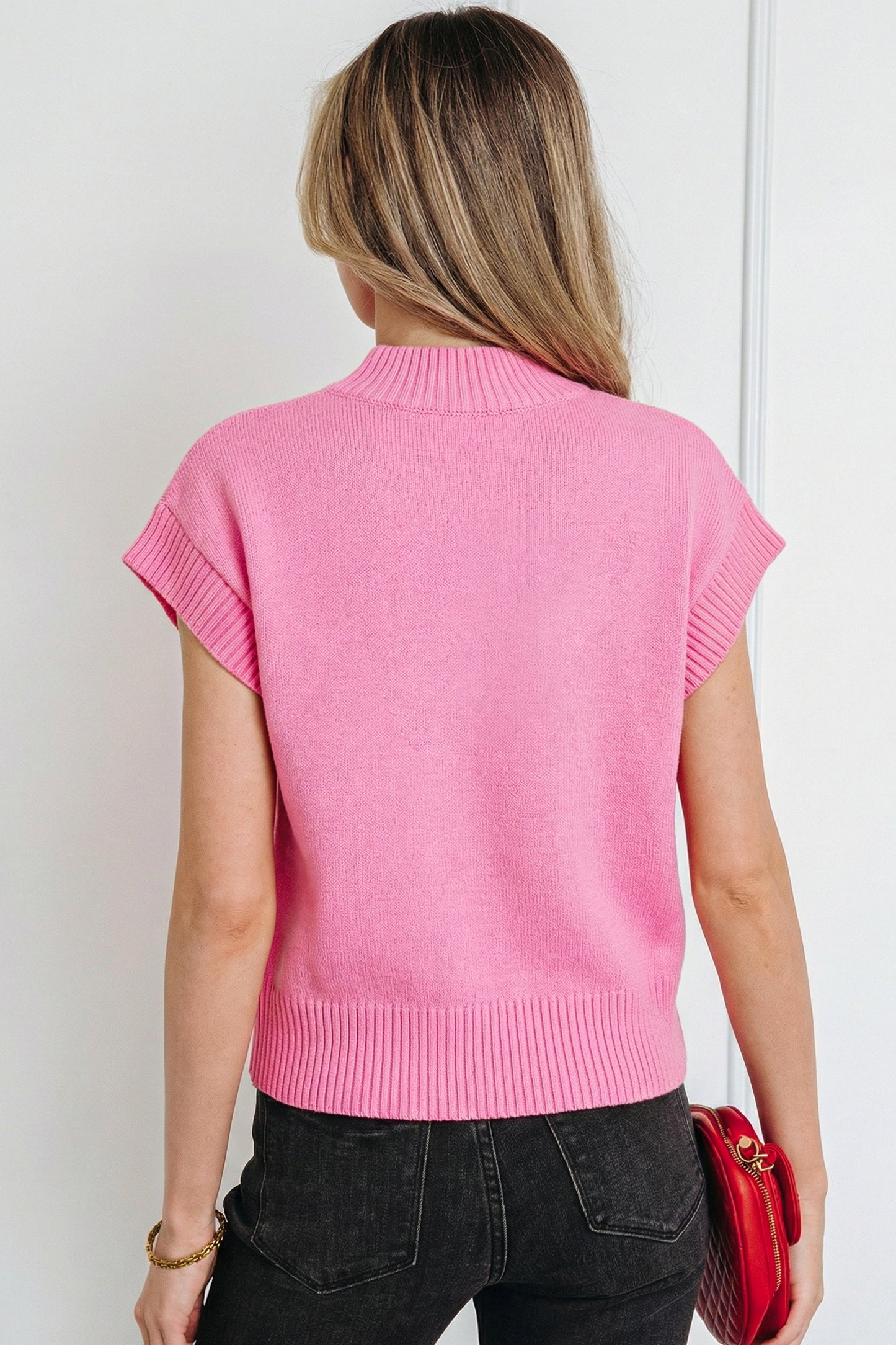 Pink Valentine Heart Graphic Cropped Short Sleeve Sweater